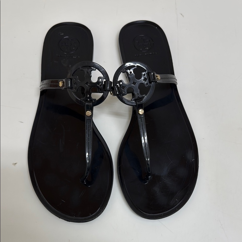 Tory Burch Black Patent Logo Thong Sandals